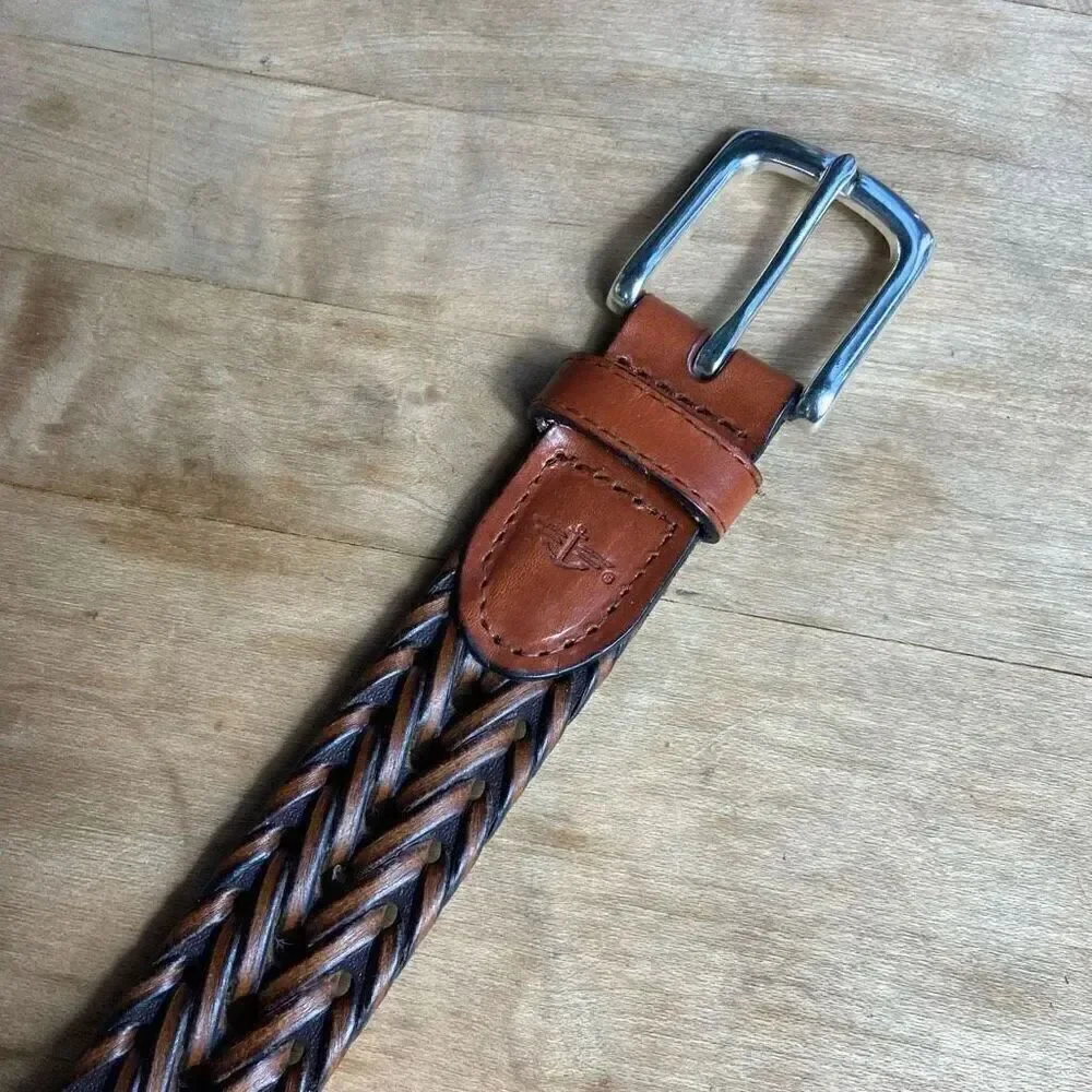 Dockers Men's Brown Braided Leather & Faux Leather Belt Silver Metal Buckle - XL